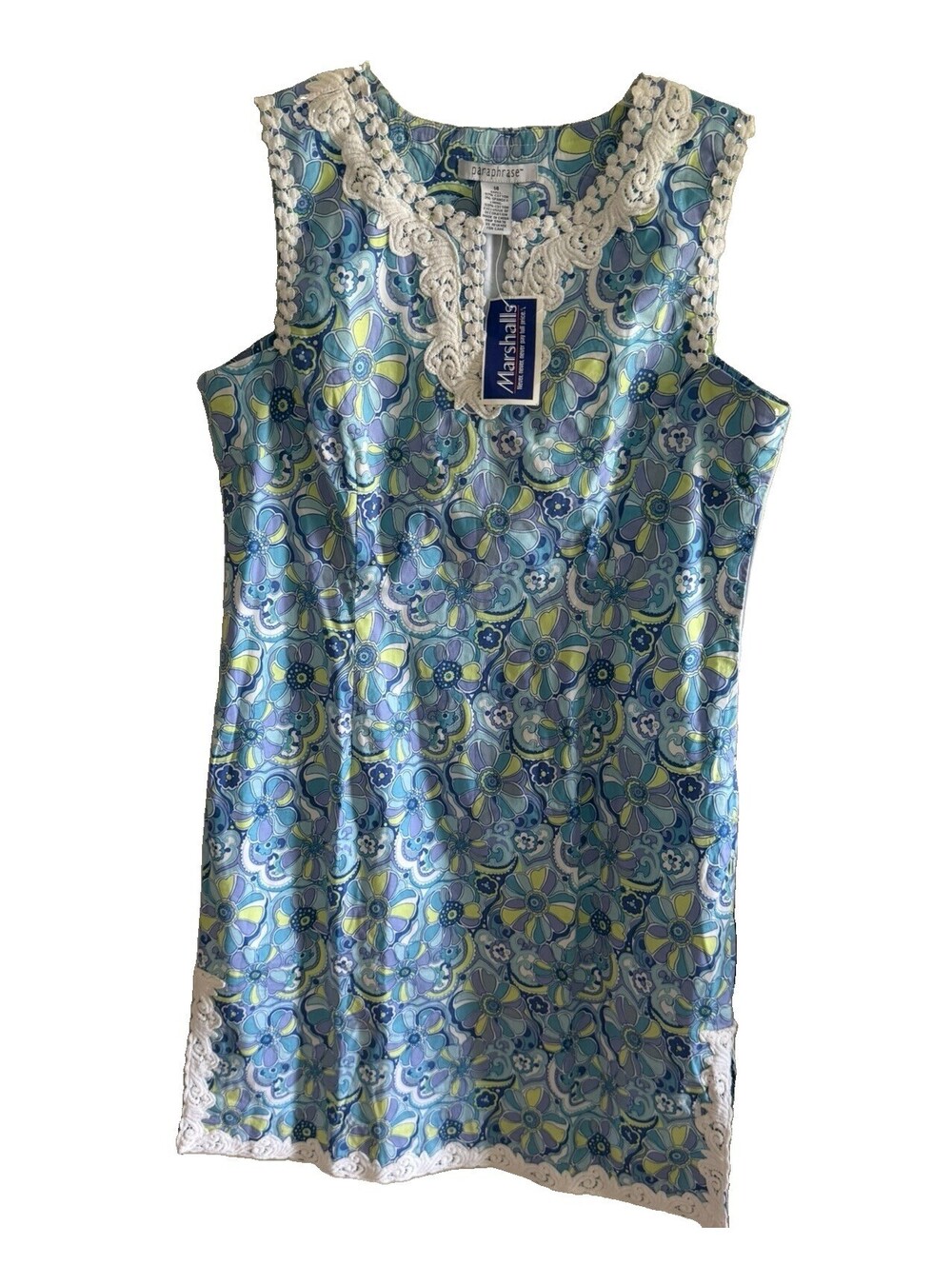 Paraphrase Women’s Size 14 Blue Floral Cotton Shift Dress White Crochet Trim NWT